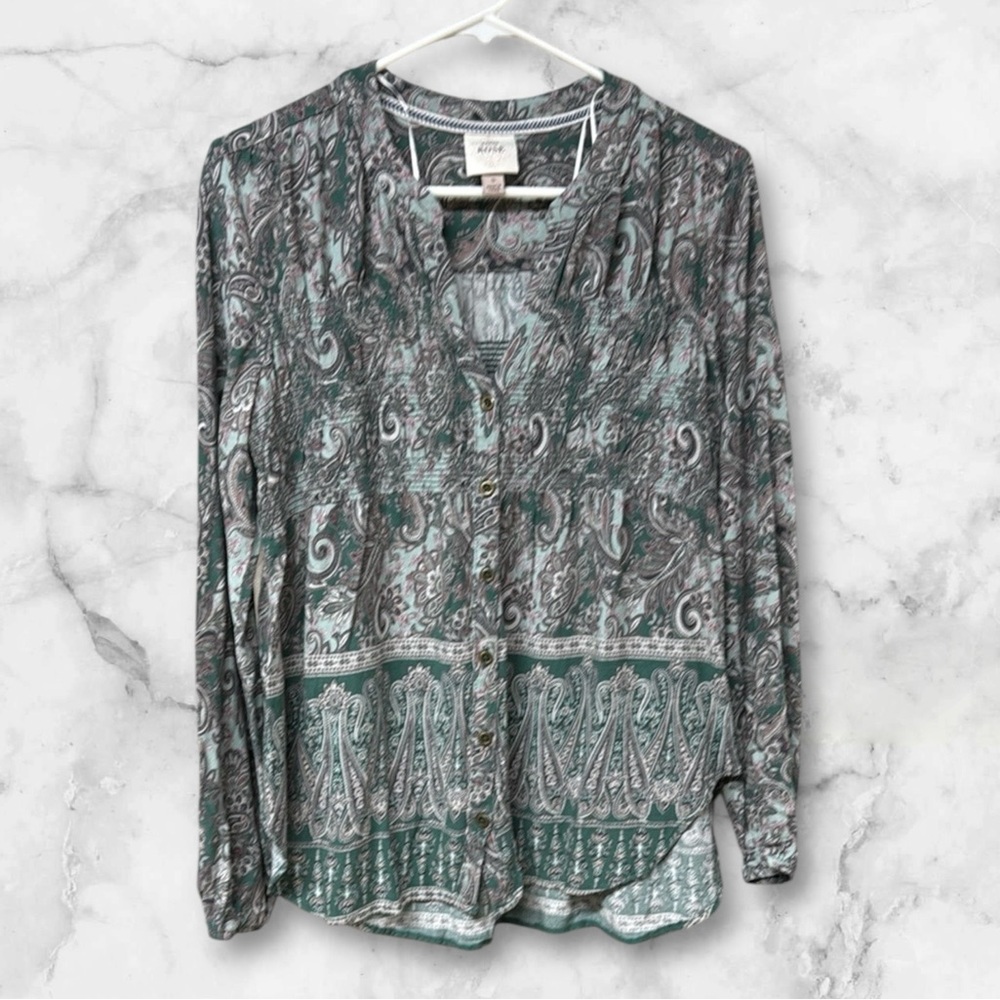 Knox Rose Top mint Green gray Peasant Boho Blouse paisley Floral Print small